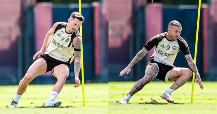 Saúl e Cebolinha em treino no Ninho do Urubu