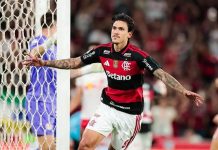 Pedro volta ao Flamengo após amistosos do Brasil e fica perto da artilharia do campeonato Pedro comemora o 2º gol do Flamengo na vitória sobre o Bragantino no Maracanã - Foto: Gilvan de Souza / Flamengo
