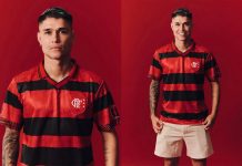 Torcedores podem comprar camisa histórica do Flamengo de 1996 na Amazon Luiz Araújo com o manto do Flamengo de 1996, inspirado na era Umbro