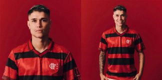 Luiz Araújo com o manto do Flamengo de 1996, inspirado na era Umbro