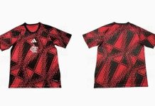 Camisa pré-jogo do Flamengo para 2027 aparece em vazamento na internet Camisa que vazou de pré-jogo com estampa geométrica da próxima temporada